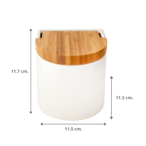 Salero de Cocina de Cerámica con Tapa de Madera de Bambú Color Blanco