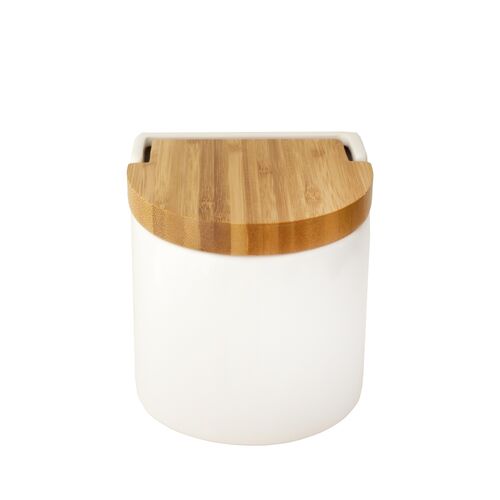 Salero de Cocina de Cerámica con Tapa de Madera de Bambú Color Blanco